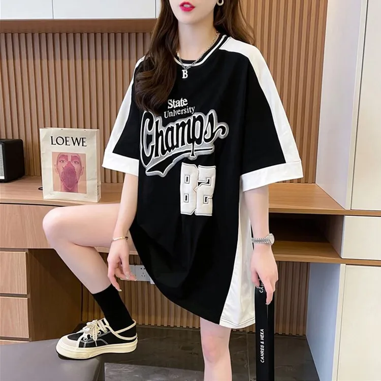美式复古拼接撞色假两件纯棉短袖T恤女2025新款中长款字母大版潮