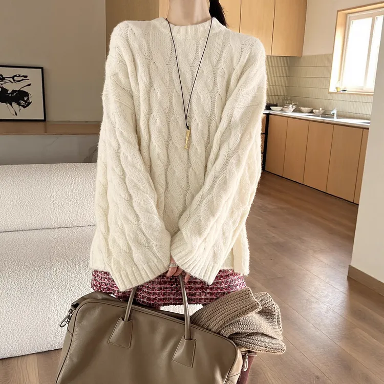 冬法式复古松弛绞花空气感百搭通勤羊毛毛衣