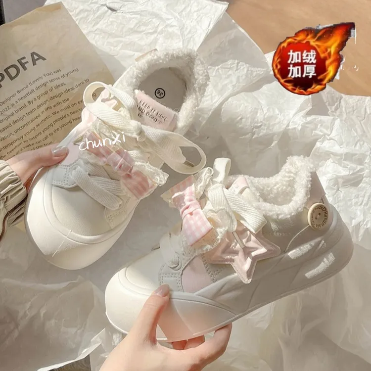 蝴蝶结韩版厚底冬季加绒板鞋女款2025年新款chic百搭面包鞋小白鞋
