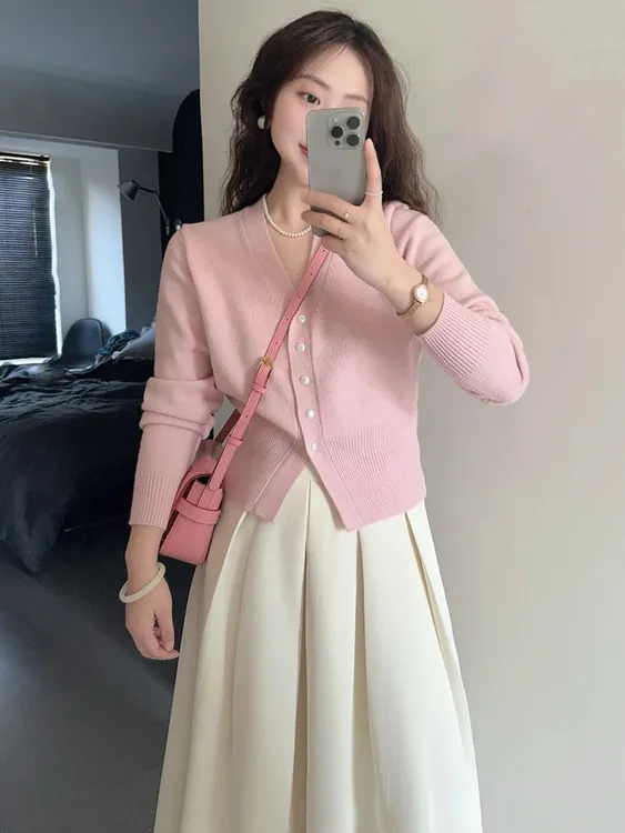 粉色针织衫时尚套装女2025秋季新款小个子搭配毛衣百褶裙两件套潮