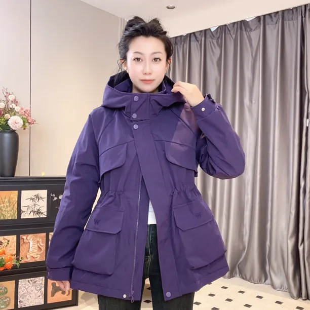 《卉好》2025秋冬新款薄棉宽松连帽刺绣中长款收腰显瘦风衣外套273