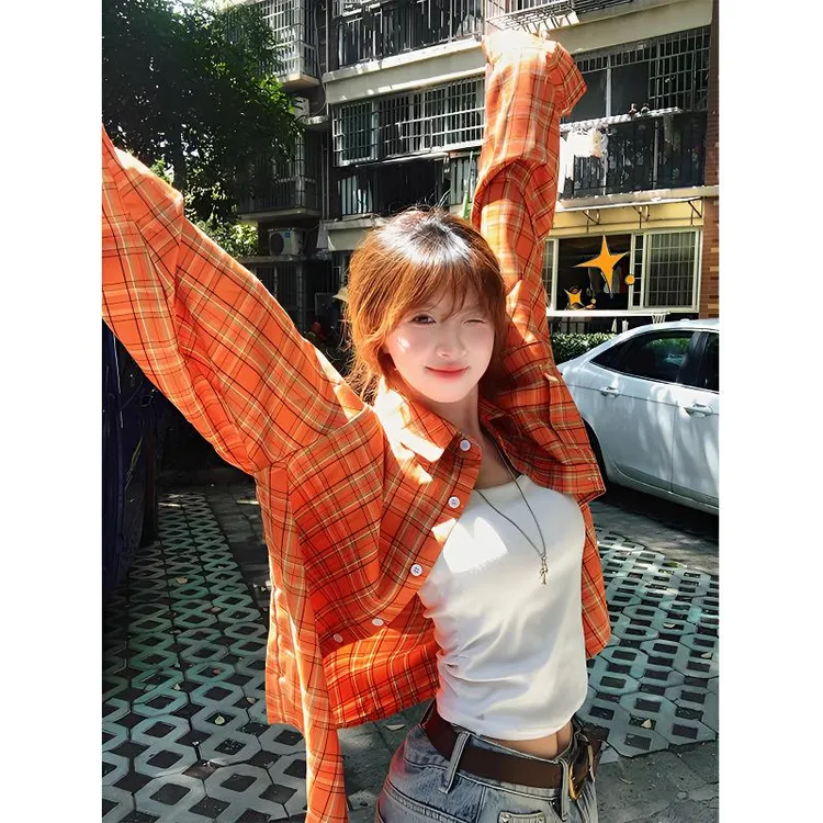 美式复古橘色格子长袖衬衫女秋季慵懒风翻领衬衣cleanfit防晒外套