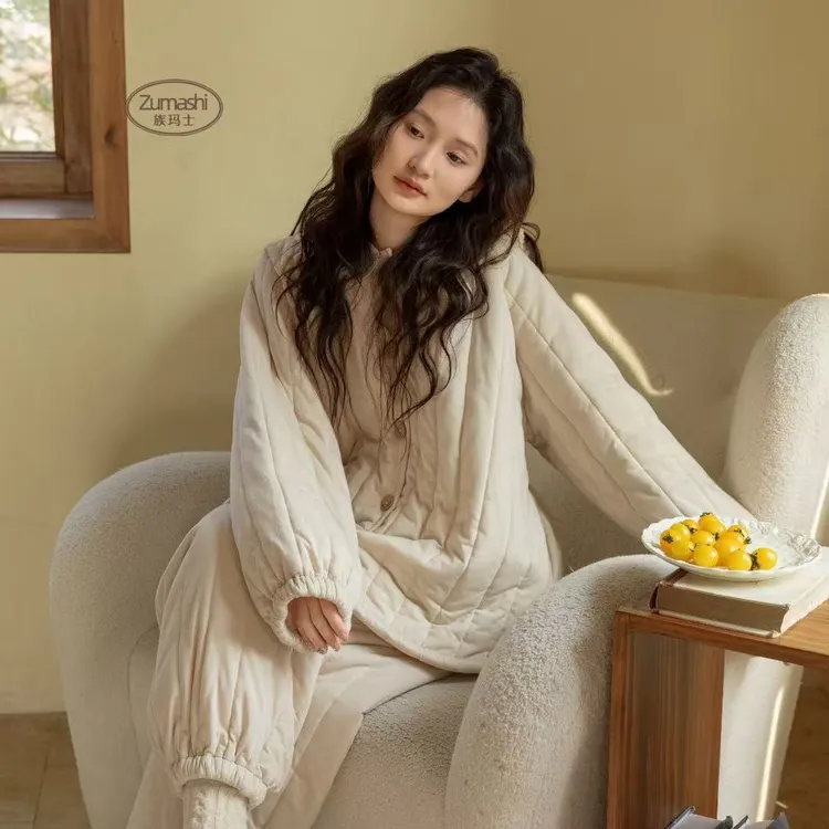 族玛士睡衣女秋冬季2025新款加绒加厚夹棉大码连帽套装冬天家居服