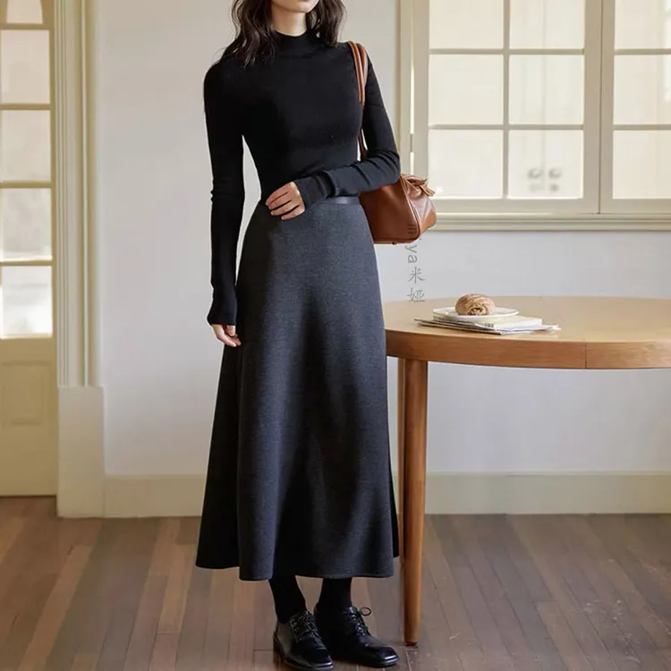 【毛呢大摆裙】松紧腰伞裙秋冬呢料半身裙黑色高腰法式中长款a字裙