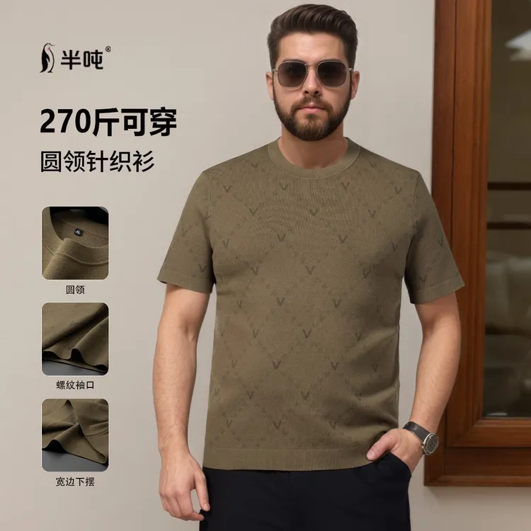大码男士秋日穿搭男装圆领针织T恤衫轻奢男装秋季款爆款2025新款
