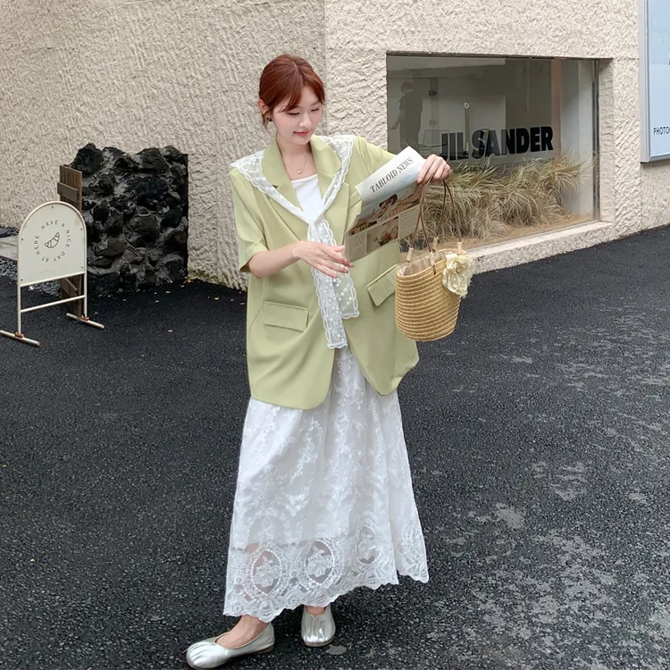 蕾丝披肩西装半身裙套装2025夏季女新款气质韩系松弛感穿搭两件套