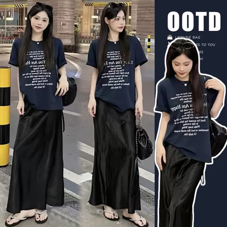 孕妇装2025夏季新款短袖字母上衣百搭休闲时尚高腰孕妇半身裙套装