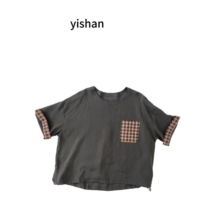 花格子口袋毛边领上衣下摆抽绳时尚休闲夏季圆领宽松夏款做旧百搭