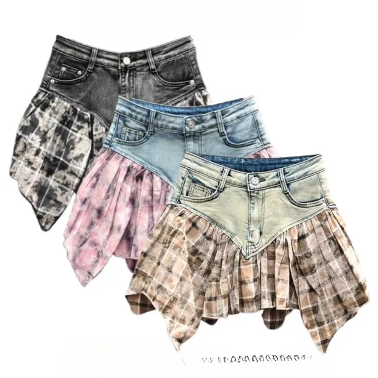 美式复古高腰牛仔短裙女夏季个性格子拼接假两件辣妹不规则A字半
