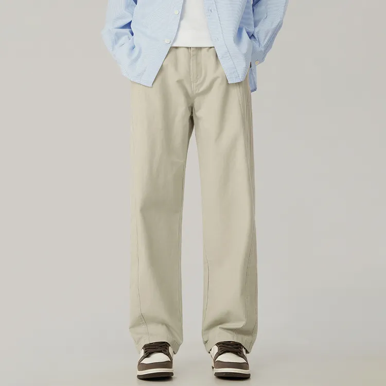 Wpooll美式高街宽松直筒重磅杏色纯棉休闲裤男2025秋季款阔腿裤男