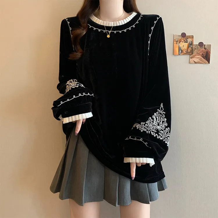 法式宫廷风撞色长袖上衣女秋冬大码胖mm时尚气质显瘦宽松丝绒卫衣