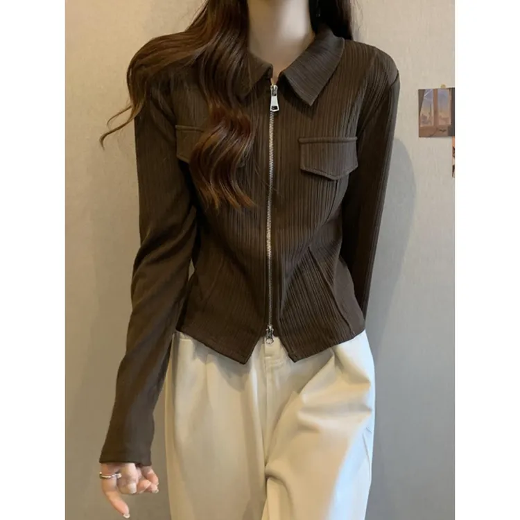 设计感翻领双拉链外套女长袖春秋季大码胖妹妹显瘦洋气抗条卫衣潮