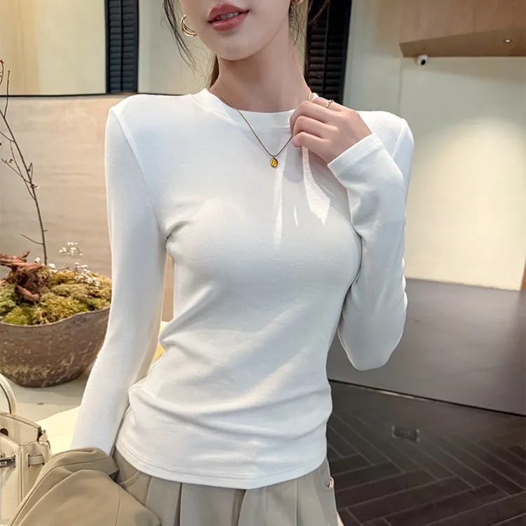 白色纯棉长袖t恤女2025秋季新款圆领套头修身显瘦百搭打底衫内搭