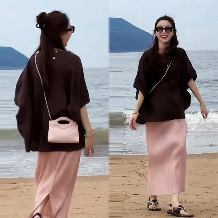 蝙蝠袖t恤女休闲清纯系夏日穿搭粉色百褶半身裙遮肉百搭裙子套装