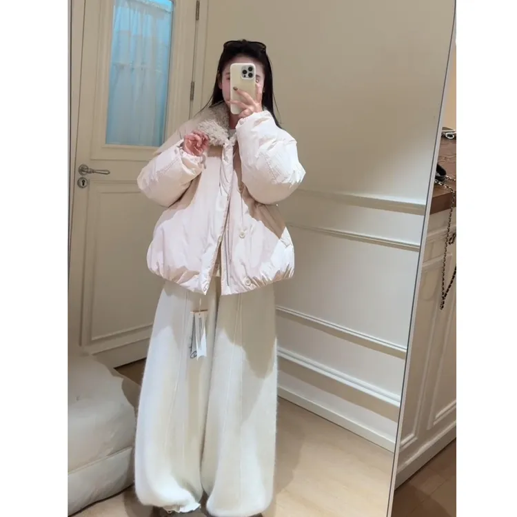 秋冬流行穿搭一整套女2025新款粉色宽松棉服外套百搭休闲裤两件套