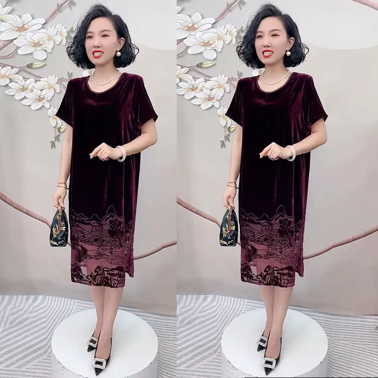 高级感薄款丝绒烧花裙子夏季连衣裙宽松遮肚中长裙时髦洋气A字裙