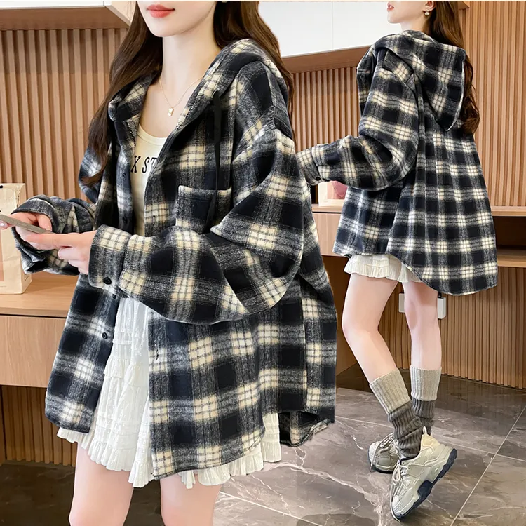 胖mm港味格子连帽衬衫外套女春秋薄款新宽松慵懒风中长款休闲上衣