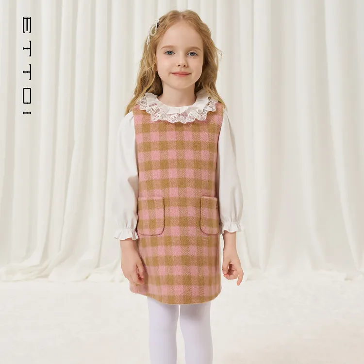 ETTOI爱多娃2025年冬季新款撞色格纹洋气背心连衣裙