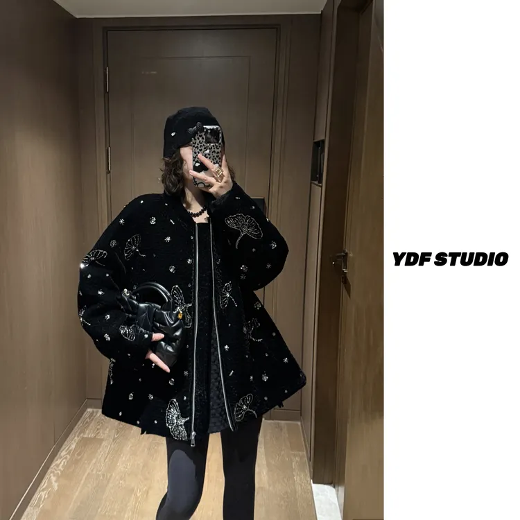 YDFSTUDIO小众【星耀闪烁】欧货重工高品烫钻丝绒设计时尚百搭棉服