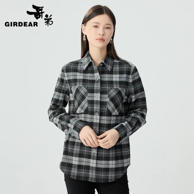 哥弟 廓形复古长袖保暖衬衣外套1400458