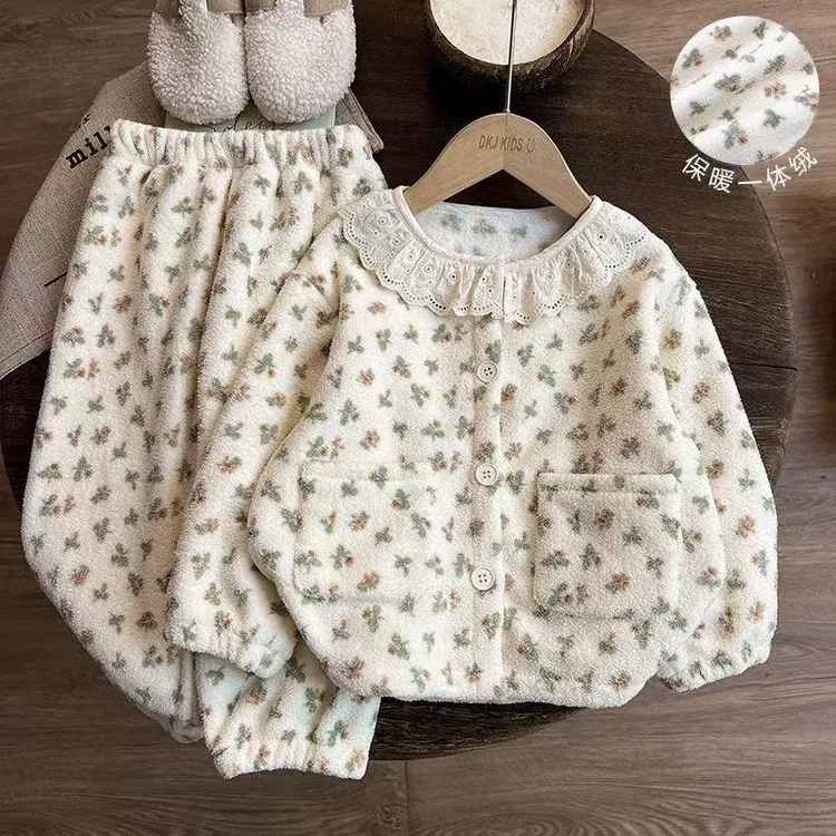 儿童睡衣套装秋冬款女孩女童保暖加厚珊瑚绒女宝宝加绒家居服冬季