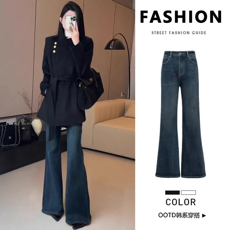 深蓝色复古牛仔裤女2025新款冬季加绒小个子高腰修身显瘦微喇叭裤