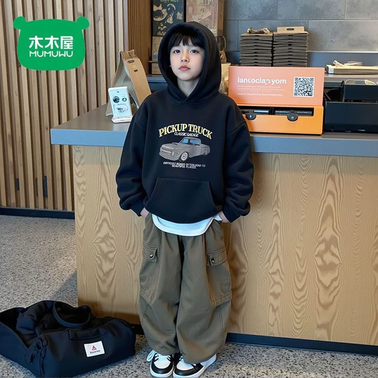 木木屋男童连帽卫衣儿童新款印花上衣男孩秋冬装加绒痞帅套头衫潮