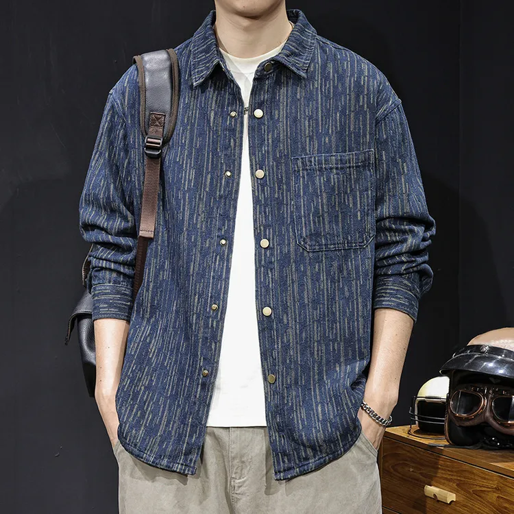 男装外套美式复古提花牛仔工装衬衫男士休闲长袖大码寸衫春秋新款