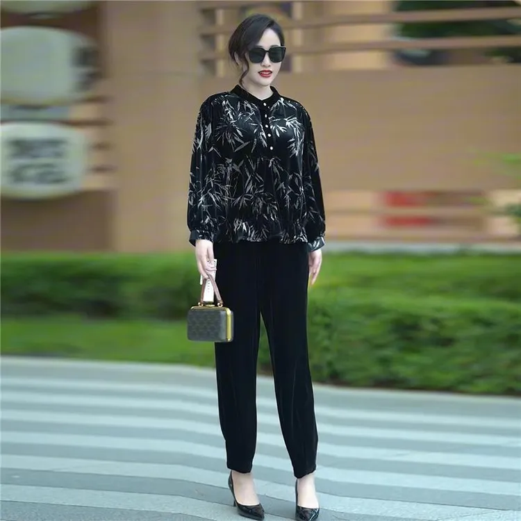 810170高档阔太太丝绒烫金竹叶T恤秋季大码上衣哈伦小脚裤两件套