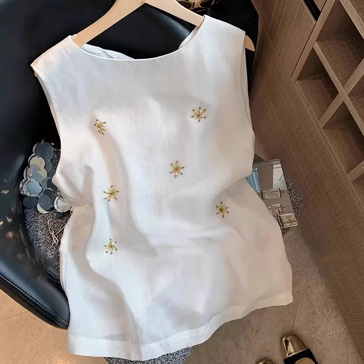 重工钉珠刺绣独特无袖背心女2025年夏季新款简约气质百搭马甲上衣