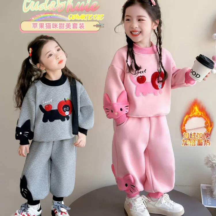 女童卫衣套装2025冬季新款卡通可爱苹果猫咪加绒卫衣卫裤两件套