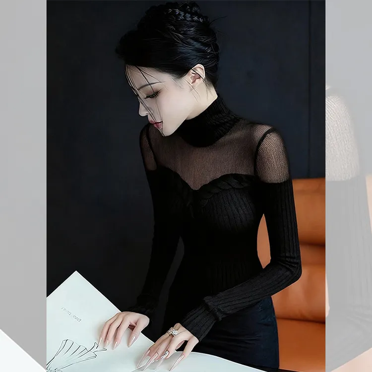 独特漂亮内搭黑色小衫女装秋冬季打底针织衫洋气高贵网纱高领上衣