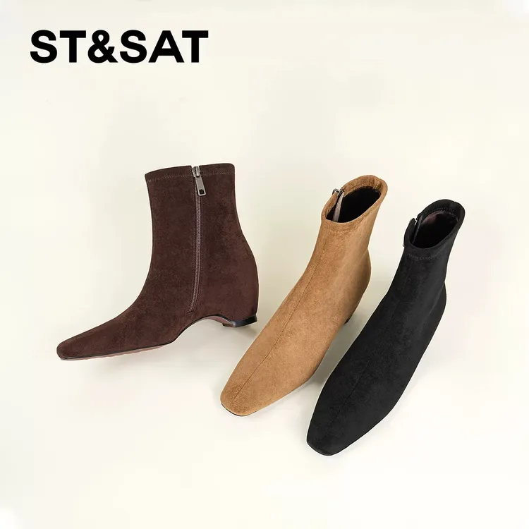St&Sat/星期六粗跟百搭时装靴复古英伦风短靴气质法式方头瘦瘦靴