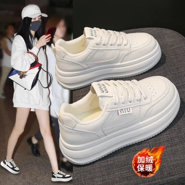 加绒厚底小白鞋女2025秋冬新款松糕鞋小个子软底增高休闲运动板鞋