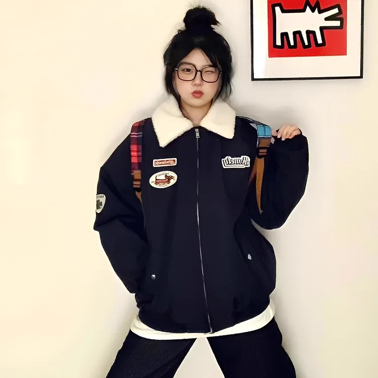 NASAOVER2025年新款冬超好看夹棉袄宽松学院风短款羊羔毛棉服外套