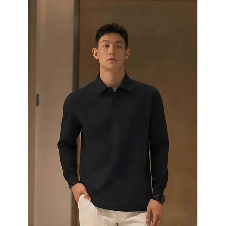 成熟稳重男装纯黑色polo领卫衣男士春秋款重磅长袖T恤内搭打底衫