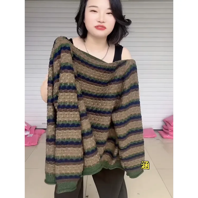 复古拼色条纹针织秋冬开衫女圆领针长袖爆款宽松显瘦百搭洋气上衣