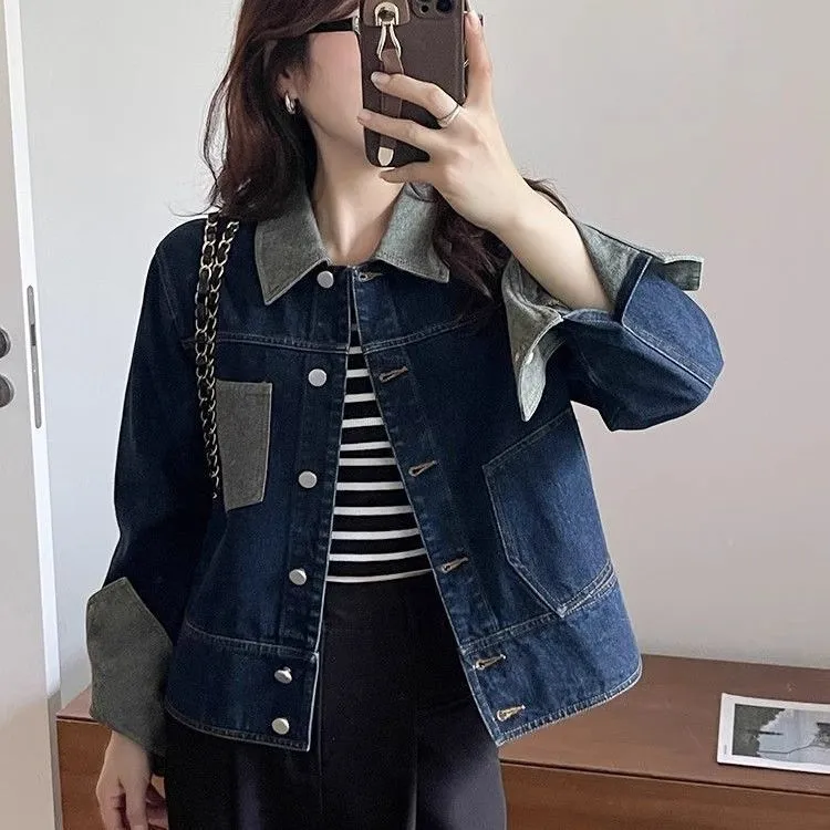 正单出货小众个性这件水洗太好撞色翻领短款牛仔外套新款上衣秋季