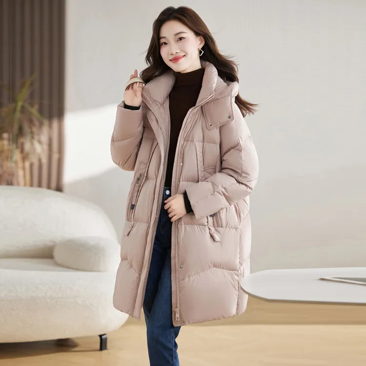 时尚宽松立领连帽中长款羽绒服女2025年冬季新款百搭加厚保暖外套