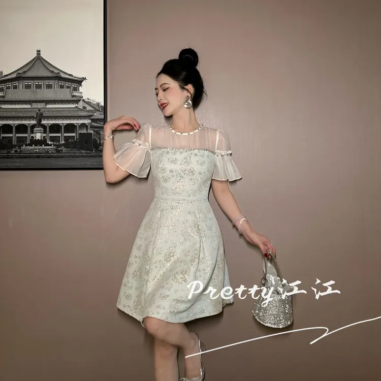 Pretty小众设计师品牌江江定制 夏季高腰蕾丝小个子连衣裙51310