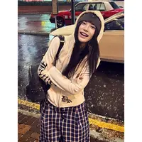 美式白色印花长袖连帽卫衣女春秋哥特风修身显瘦短款外套开衫上衣