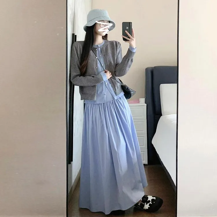 三彩蝶初秋小个子韩系穿搭蓝色连衣裙子2025早秋季新款女装气质长