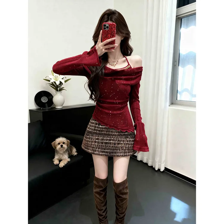 新年穿搭辣妹风烫钻荡领假两件修身针织衫上衣女高腰包臀短裙套装