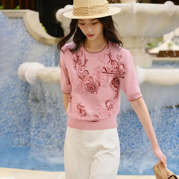 EP雅莹2025秋季新款女装 通勤圆领提花烫钻五分袖毛衣针织衫9555A