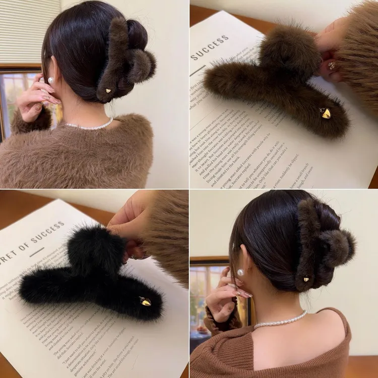 2025秋冬森毛绒绒抓夹发卡女气质简约风鲨鱼夹甜美复古盘发夹