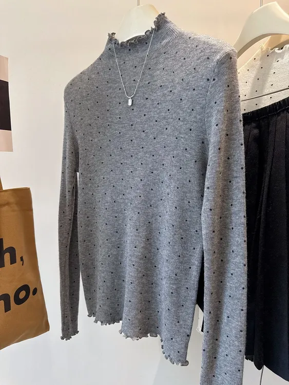 多色囤！温柔气质木耳边领甜美波点细羊毛半高领打底衫套头毛衣女