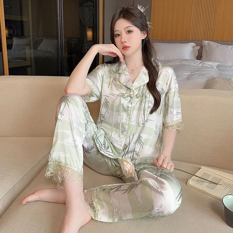 新中式盘扣睡衣女夏季冰丝短袖三件套2025新款国风薄款家居服外穿