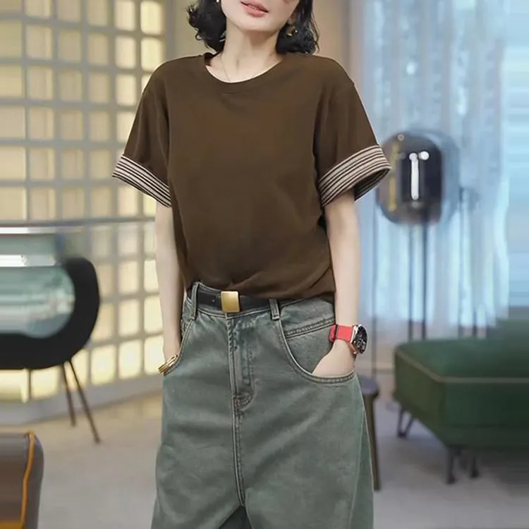 设计感撞色拼接短袖t恤女夏季洋气减龄圆领宽松休闲显瘦半袖上衣