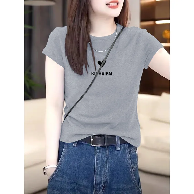 2025夏季正肩体恤纯棉圆领短袖t恤女装时尚百搭显瘦洋气灰色上衣