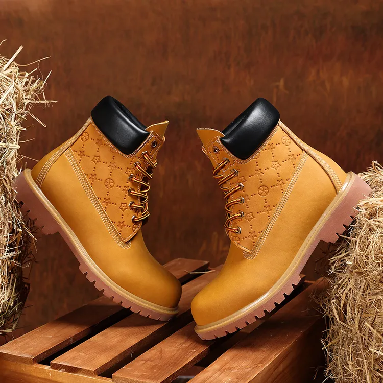 群狼·世家轻奢男士马丁靴秋冬印花户外大黄靴厚底增高百搭男鞋黑